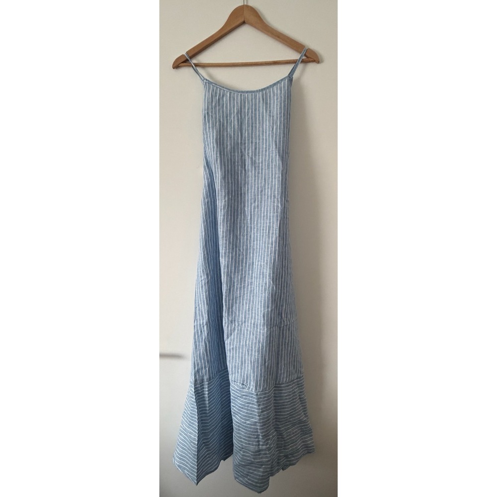 Vitamin A Blue White Striped Linen Maxi Dress Low Back Tie Sustainable Small